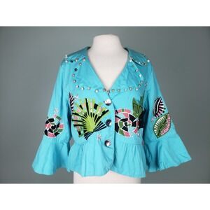 Embex Inc Women's X Cropped Jacket Embroidered Beaded Seashells Blue Ruffled Hem